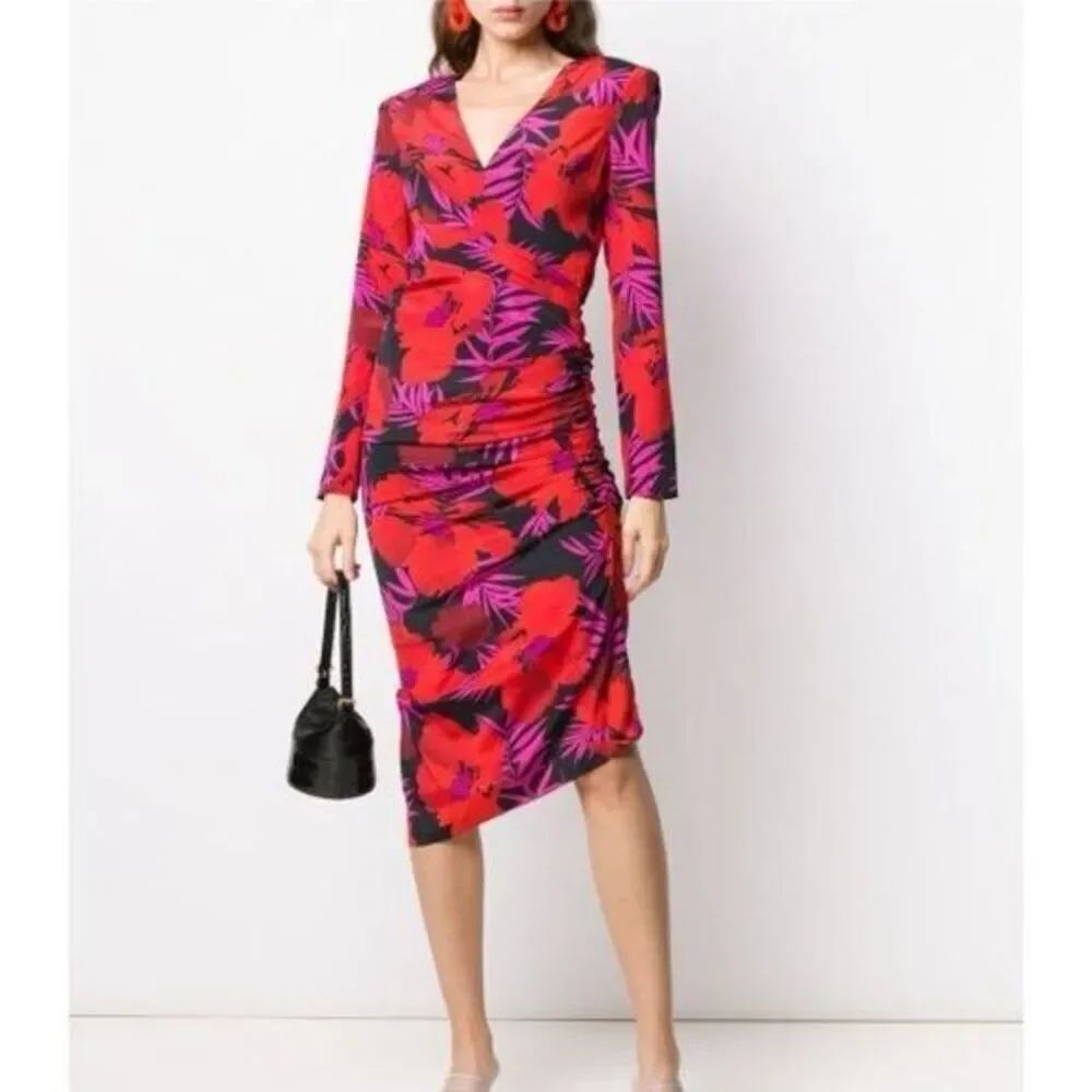 NWOT Veronica Beard Alvaro Floral Poppy Silk Blend Ruched Midi Dress Women’s 4